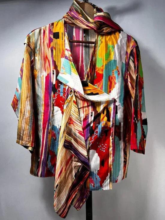 ETRO 100% Silk Multicolor Abstract Striped Wrap Blouse with Scarf/Tie Sz 8 LNWOT - Picture 5 of 10